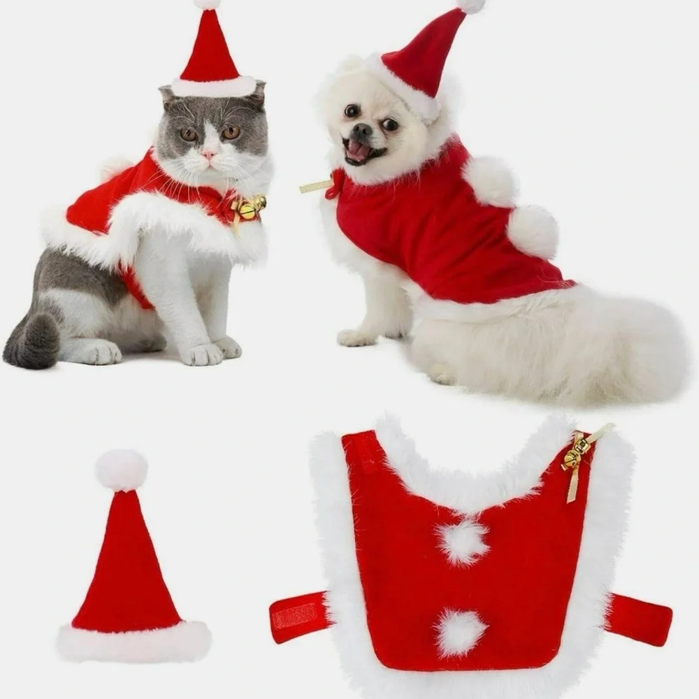 Cat Christmas Costume Adjustable Cute Santa Pet Cape Cat Santa Clothes with Bell